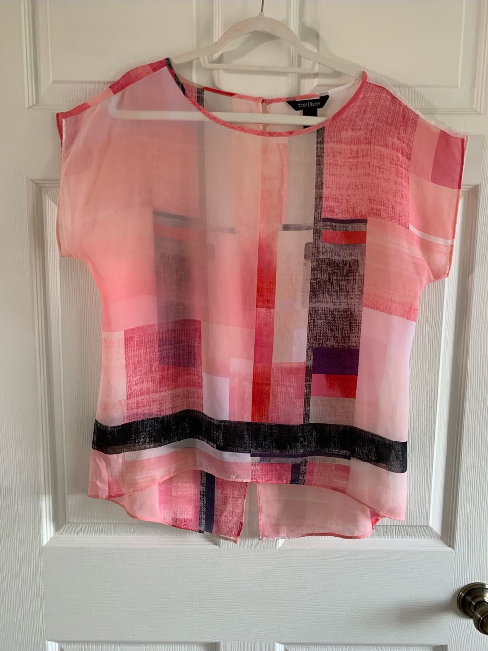 White House Black Market Pink Geometric Sheer Blouse with matching tank top